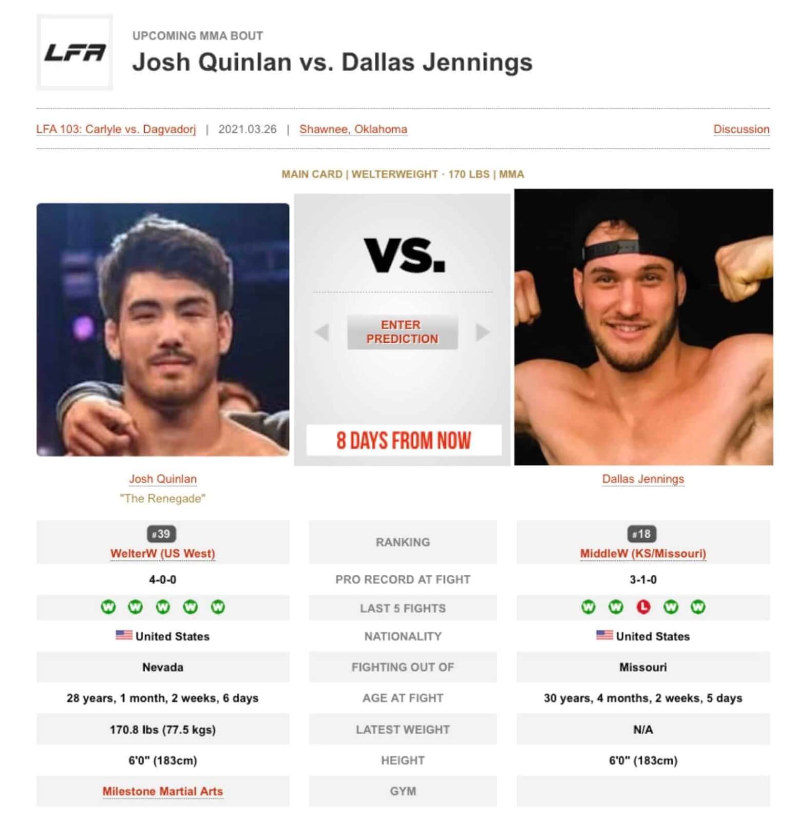 Josh Quinlan to face Dallas LFA 103
